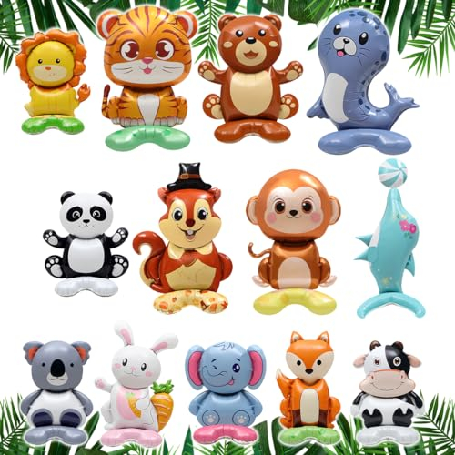 Wald Tierballons, 13pcs Riesen Dschungel Safari Ballon Zoo Thema Folienballons, niedlicher Hase Bär Fuchs Elefant Affe Löwe Panda Stehparty Dekorationen für Junge Mädchen Geburtstag Babyparty