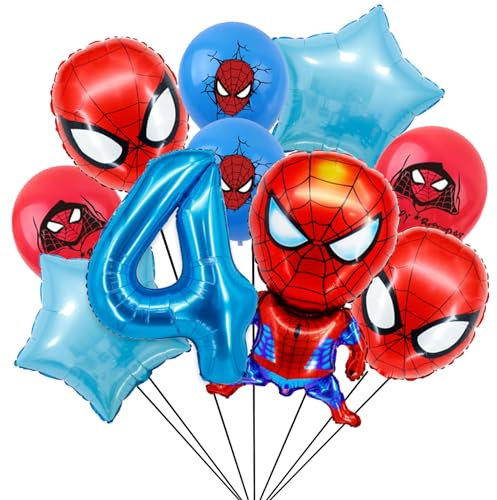 Geburtstagsdeko 4 Jahre Junge, Spider Luftballons und Ballon Geburtstag Deko Themenparty Junge, Blau Nummer 4 Ballons Kindergeburtstag Deko Latexballon und Folienballons für Happy Birthday Banner