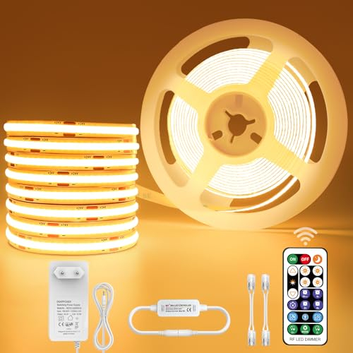 Öuesen COB LED Streifen 5M, COB Strip Warmweiss 24V Dimmbar, Litchband Selbstklebend Wasserdicht IP44, Lichtleiste mit Fernbedienung und Netzteil für Unterbau Küche TV, Band 5M 3000K