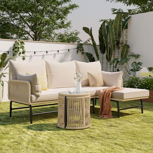 HYUB Garten Loungesessel Set, Lounge Sitzgruppe Outdoor mit Doppelsofa und Lounge Sessel, Gartenmöbel Set mit Couchtisch und SitzKissen, Terassenmöbel Außen, für Garten und Terrasse, Beige