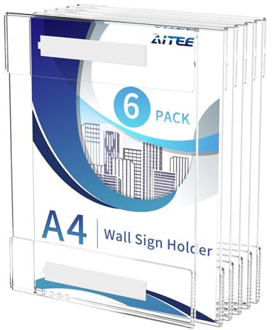 AITEE A4 Wall Sign Holder: 6 Pack Acrylic Clear Poster Menu Display Holders with Adhesive Tape-No Drilling for Office, Store, Restaurant, Home
