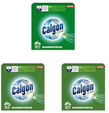 Calgon Hygiene+ Tabs – Schutz vor Kalkablagerungen und Schmutz – Wasserenthärter mit Hygieneschutz für die Waschmaschine – 1 x 61 Tabs Unparfümiert (Packung mit 3)