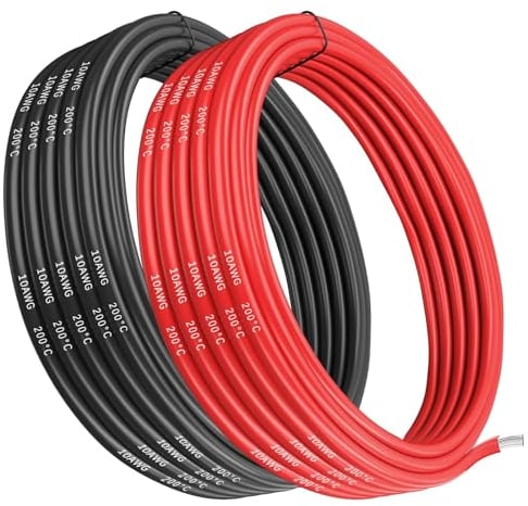 Gruiqrd Cable eléctrico de silicona de calibre 10, 10 AWG 5,26 mm², 5 m [2,5 m negro y 2,5 m rojo], cable flexible de cobre estañado de alta temperatura de 1050 hilos de 0,08 mm para coches