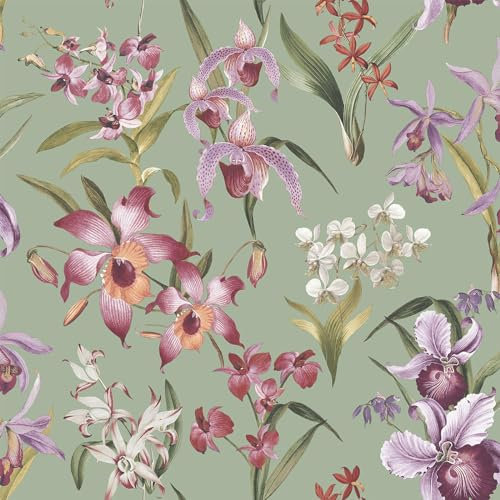 Papier peint floral coloré et vibrant Rasch Maya pour murs d'accent du salon et des chambres Vert sauge 283654