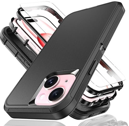 YmhxcY for iPhone 15 Case 6.1-Inch with Explosion-Proof Screen Protector,3 in 1 Shockproof TPU Hard PC Bumper Drop-Proof Shell for iPhone 15-Black