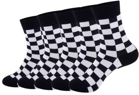 AKAMAS 5 Paar Damen Mädchen Bunte Schachbrettmuster Socken 35-38 Schwarz Weiß Baumwolle Karierte karo Sportsocken Kuschelsocken Tennissocken Trachtensocken Lange Hohe Socken Geschenk C