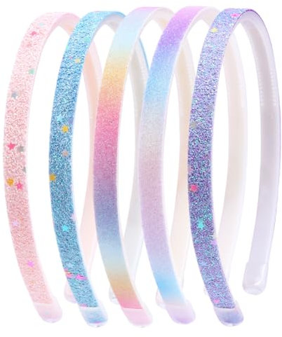 5 Pezzi Cerchietto per capelli con glitter graziose, antiscivolo, con coriandoli arcobaleno e denti in plastica Cerchietto Arcobaleno Ragazza Cerchietti Bambina