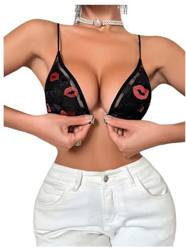 GORGLITTER Women's Mesh Front Fastening Bras Wirefree Lip Print Sexy Backless Strap Adjustable Bralettes Black S