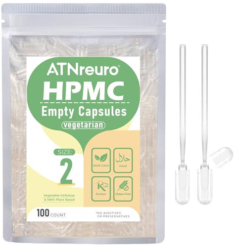 ATNreuro Vegane Leerkapseln Größe 2 (100 Stück), Leere Kapseln zum Befüllen, HPMC Kapselhülle mit 2 Mikrolöffeln, Transparent Vegan Vegetarisch, Kompatibel mit Kapselfüller Größe 2