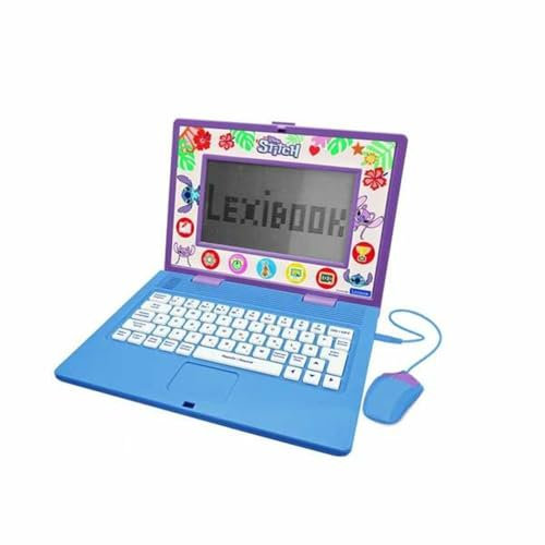 LEXIBOOK, Disney Stitch JC599Di2 Ordinateur éducatif bilingue Espagnol/Anglais pour Enfants, 170 activités pour Apprendre, Jouer et Musique, Grand écran, Bleu