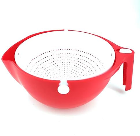 Rotatable Colander with Wash Bowl for Fruits and Vegetables Double Layer Colander with Handle Drain Strainer with Bowl - Pasta Spaghetti Noodles Fruit Vegetables Plastic Sieves and Strainers (Red)