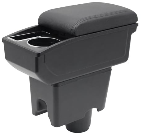 KAERGK Car Armrest Box Compatible With VW UP 2009-2017 | Double-Decker Storage Space, with Cup Holders, Easy to Assemble, Adjustable, PU Leather, Black Line