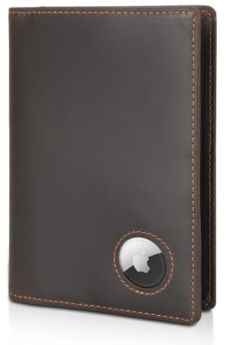 Polare Slim RFID-blockierende Reisepasshülle aus Leder für Herren, Dunkelbraun mit AirTag-Halter, Faltbare Reisepasshülle aus Leder