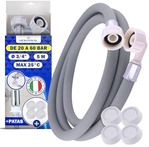 Manguera Lavadora y Lavavajillas 5 m para Entrada Agua 25°C Presión de 20 a 60 Bar Conexión Recta y Ángulo Ø 3/4 - Incluye 4 Soporte Antivibración Lavadora - MADE IN ITALY - MONTERAL