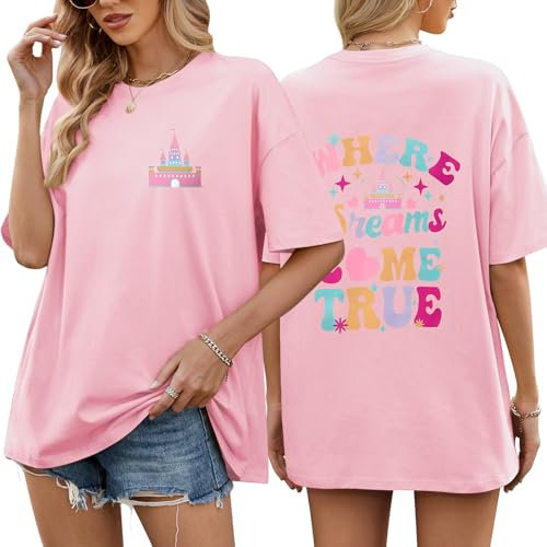 Niwicee T-Shirts Femmes à Manches Courtes Col Rond Tee Shirt Vintage Lettre Imprimé Tshirts Coton Oversize Hauts Tuniques De Base D'été Lâches(Rose,S)