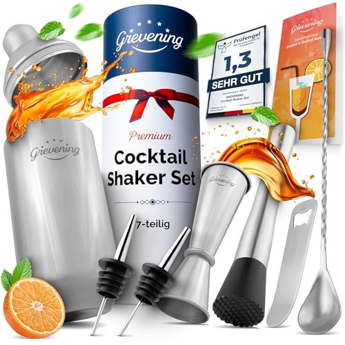 GREVENING Cocktail Set Cocktail Shaker aus Edelstahl Shaker 7-teiliges Cocktail Zubehör in praktischer Geschenkröhre Cocktail Shaker Set Barkeeper Set für Anfänger und Profis Cocktail Mix Set