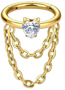 Titanium Clicker Ring with Chains and Crystal Heart, Conch Piercing Ear Hoop Rook Nose Huggie - Gold / 16G / 08 mm