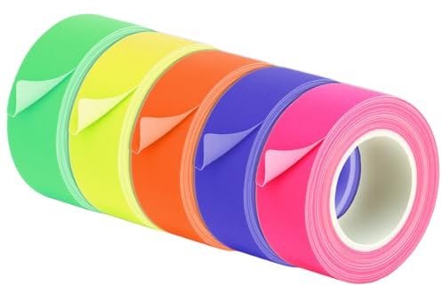 QWORK® 25 mm x 10 m Neon Tape 5er Set - Fluoreszierendes Gewebeband, UV-aktiv, reißfest, leicht ablösbar - 5 Farben