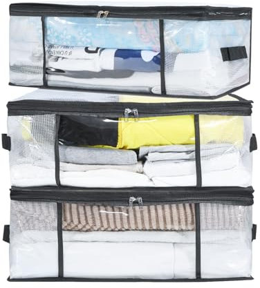 NEWSONA 3 Piezas Organizador Ropa Transparente 35L – Cajas Plegables para Armario o Debajo de la Cama – Bolsa Almacenamiento Mantas y Juguetes