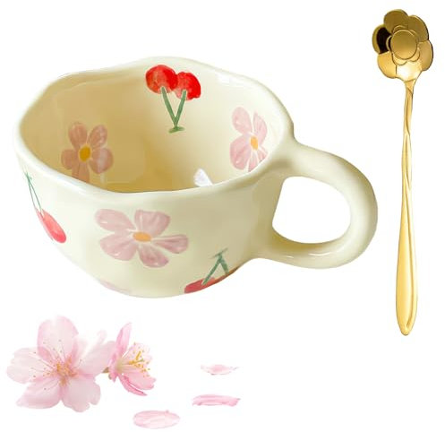 Yunlaishaocer Taza de cerámica, hecha a mano creativa taza de café flores 300 ml, taza de flores tazas de cerámica con cuchara, para café con leche y café con leche, Kawaii taza de té regalos para