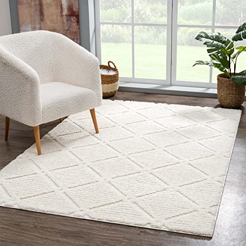 carpet city Teppich Wohnzimmer Hochflor Creme - 80x150 cm - Hochtief Karo-Muster, 3D-Effekt - Bettvorleger Schlafzimmer Teppiche Boho, Skandi
