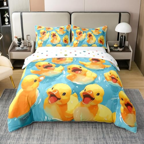 Homewish Gummi Ente Baumwolle Bettwäscheset 135x200cm Nettes Tier bettbezug | für Kinder Jungen Mädchen Bauernhof Ente Bettwäsche Ölgemälde bettset Moderne Schlafzimmer dekor