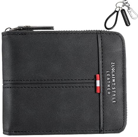 ZenyTra Portefeuille pour homme format paysage RFID noir | Portefeuille élégant en cuir avec rabat et 6 compartiments pour cartes | 12 x 9,5 x 2,5 cm | Avec porte-clés personnalisé avec chiffres