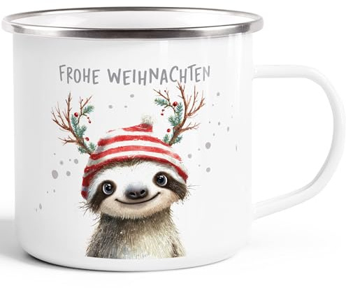 SpecialMe® Emailletasse Frohe Weihnachten Lustige Tiere Faultier Winter Weihnachtsbecher Geschenkidee Weiss-silber standard