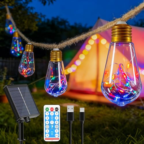 Ollny Solar Lights Outdoor Garden 6m Hemp Rope Festoon Light Remote USB | Fairy String with 16 S17 Shatterproof Bulbs 160 LEDs 8 Modes, Waterproof Lighting for Outside Gazebo Decor(Multicolour)