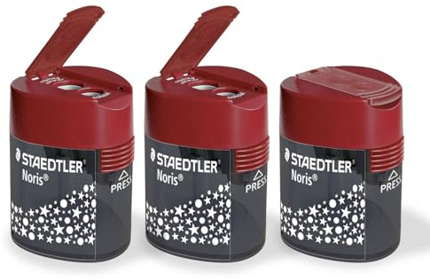 STAEDTLER Doppelspitzdose 3er Set Noris Dreikant-Design - Spitzer für Blei- und Farbstifte - Zwei Spitzlöcher für verschiedene Stiftformate - Mit praktischem Deckel
