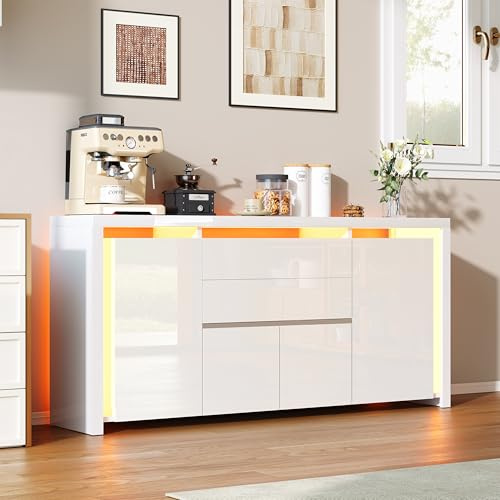 BLSYHDH Buffet, buffet, armoire de cuisine avec 2 tiroirs et 4 portes, buffet, buffet, armoire de rangement, buffet, commode, armoire multi-usages, armoire de couloir, blanc, 160 x 35 x 75 cm (Blanc-1