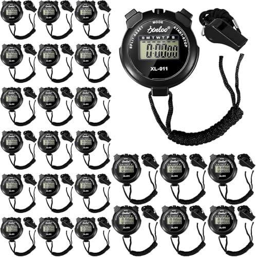 Lot de 48 chronomètres numériques et sifflet en plastique - Étanche - Avec lanière - Minuteur de sport avec date, heure et fonction d'alarme - Pour entraîneurs, arbitres, entraînement physique (noir)