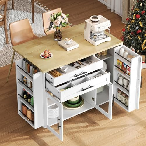 NuvlaGu Îlot de cuisine à roulettes avec plan de travail pliable, chariot de cuisine avec 5 roulettes, étagère à épices et tiroir à couverts, grand espace de rangement, MDF, naturel/blanc, 120 x 45