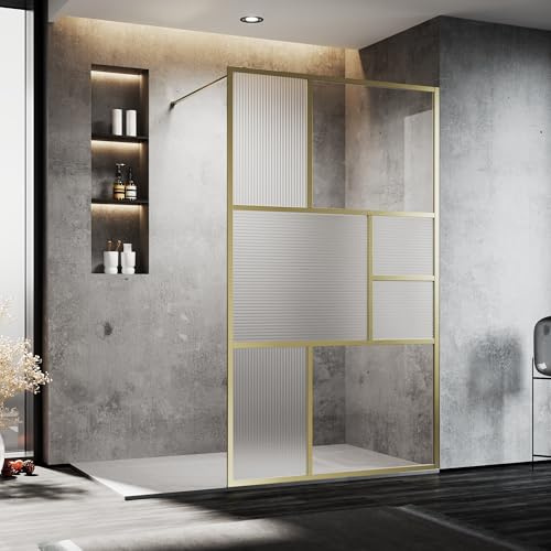 SONNI Paroi de douche DIY 120 x 200 cm Walk In Gold Design modulaire assemblée en verre de sécurité Nano de 8 mm, paroi de douche ESG avec stabilisateur, peut être montée sur le receveur de douche ou