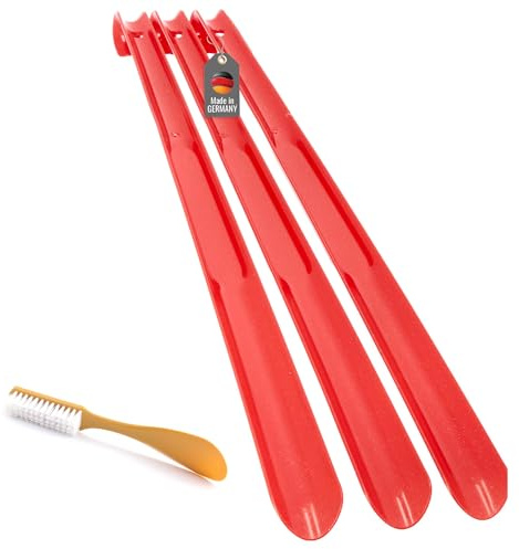 Lantelme 4er Set Schuhlöffel | 3x Extra Lang 65cm Made in Germany + 1x Schuhanzieher mit Bürste 20cm | Rückenschonende Schuhanziehhilfe Farbe Auswählbar (Rot)