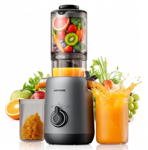 KOMORE Cold Press Juicer Machines, 110MM Chute, Whole Fruit Juicer, Gray | Slow Juicer for Whole Fruits and Vegetables, BPA Free, Easy-Clean, 200W, High Juice Yield, Safety Lock & Reverse Function