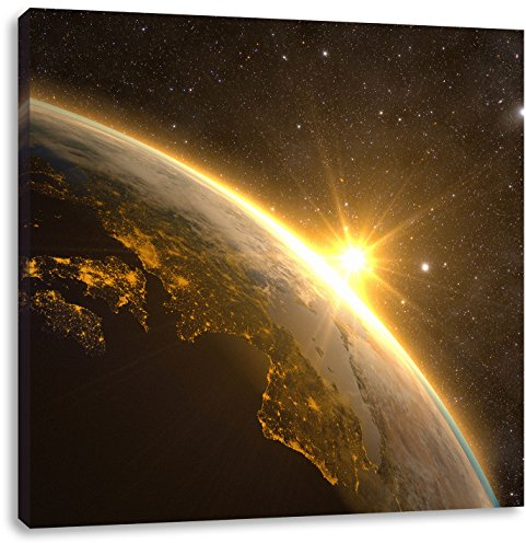 Pixxprint Die Sonne und Erde im Weltall, Größe: 40x40, Leinwandbild Quadratisch, Wandbild, Kunstdruck, fertig bespannt