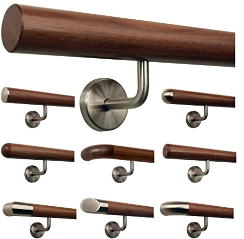 TIBU Ami Nussbaum Geländer Handlauf Treppe Holz Griff gewinkelt Edelstahlhalter, Länge 30-500 cm - Variante: 370 cm mit 5 Halter und Ende gefast