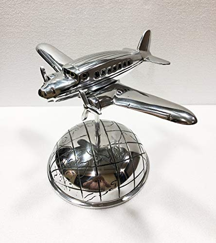 Nautisches Chrom-Aluminium-Flugzeug auf Weltkarte, Globus-Basis, Heim- und Bürodekoration