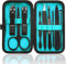 HANTEKAS Maniküre-Set, 9-in-1, Edelstahl, Nagelknipser, Schere, Pediküre-Werkzeug-Set, tragbares Reise-Pflege-Set für Männer und Frauen, mit schwarz/blauer Ledertasche (blau)