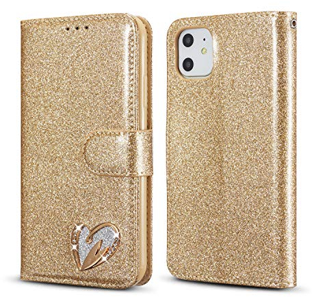 QLTYPRI iPhone 11 Pro Max Hülle, Glitzer Handyhülle PU Ledertasche TPU Etui Handschlaufe Kartenfach mit Eingelegten Liebe Herz Diamond Flip Schutzhülle für iPhone 11 Pro Max (6,5 Zoll) - Gold