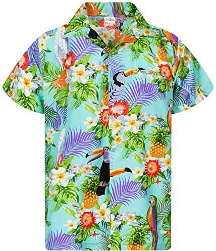 King Kameha Funky Camisa-Hawaiana, Manga-Corta, Parrot-Cockatoo, Azul-Claro, XS