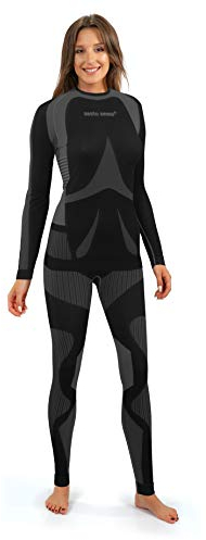 sesto senso Damen Funktionsunterwäsche Set Langarm Shirt Lange Unterhose Sportunterwäsche M Grau
