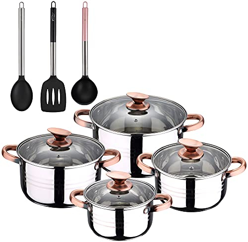San Ignacio Bateria de cocina 8 piezas apta para induccion, Altea en acero inoxidable con set de 3 utensilios de cocina en nylon, PK3237
