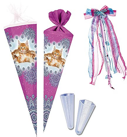 Nestler Schultüten-Set zum Befüllen, Handgemachte Zuckertüte aus Karton - Motiv Katzenbabys inkl. Spitzenschutz, Schleife (70 cm rund mit Heft)