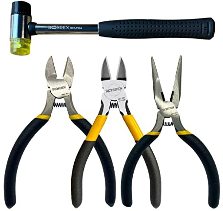 BOOSDEN 4-teiliges Zangen-Set mit 25 mm Gummihammer, 12,7 cm Drahtschneider, 12,7 cm Spitzzange, 12,7 cm Seitenschneider für grundlegende Reparatur, DIY-Projekte und Wartung zu Hause