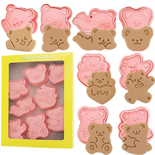 Keepaty Bear - Cortadores de galletas con diseño de oso prensable en 3D, 8 cortadores de galletas con estampado en relieve de plástico para galletas, fondant