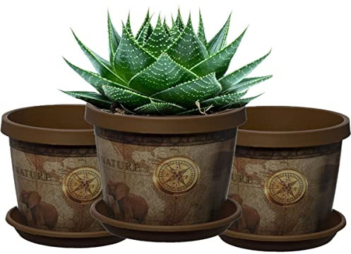 Home Garden Ornaments Plant Pots Indoor Outdoor Decorative Plastic Flower Pots with Saucer, Chocolate Safari Pattern – Set of 3, Indoor Plant Pot (13 cm / 5.1 inch)