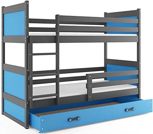 Interbeds Etagenbett Rico 160x80cm Grau+Varianten/mit Matratzen, Schublade und Lattenroste (grau+Blaue Schublade)