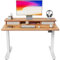 FEZIBO Height Adjustable Electric Standing Desk with Double Drawer, 100 * 60cm Stand Up Table with Storage Shelf, Sit Stand Desk with Splice Board, White Frame/Light Brown Top